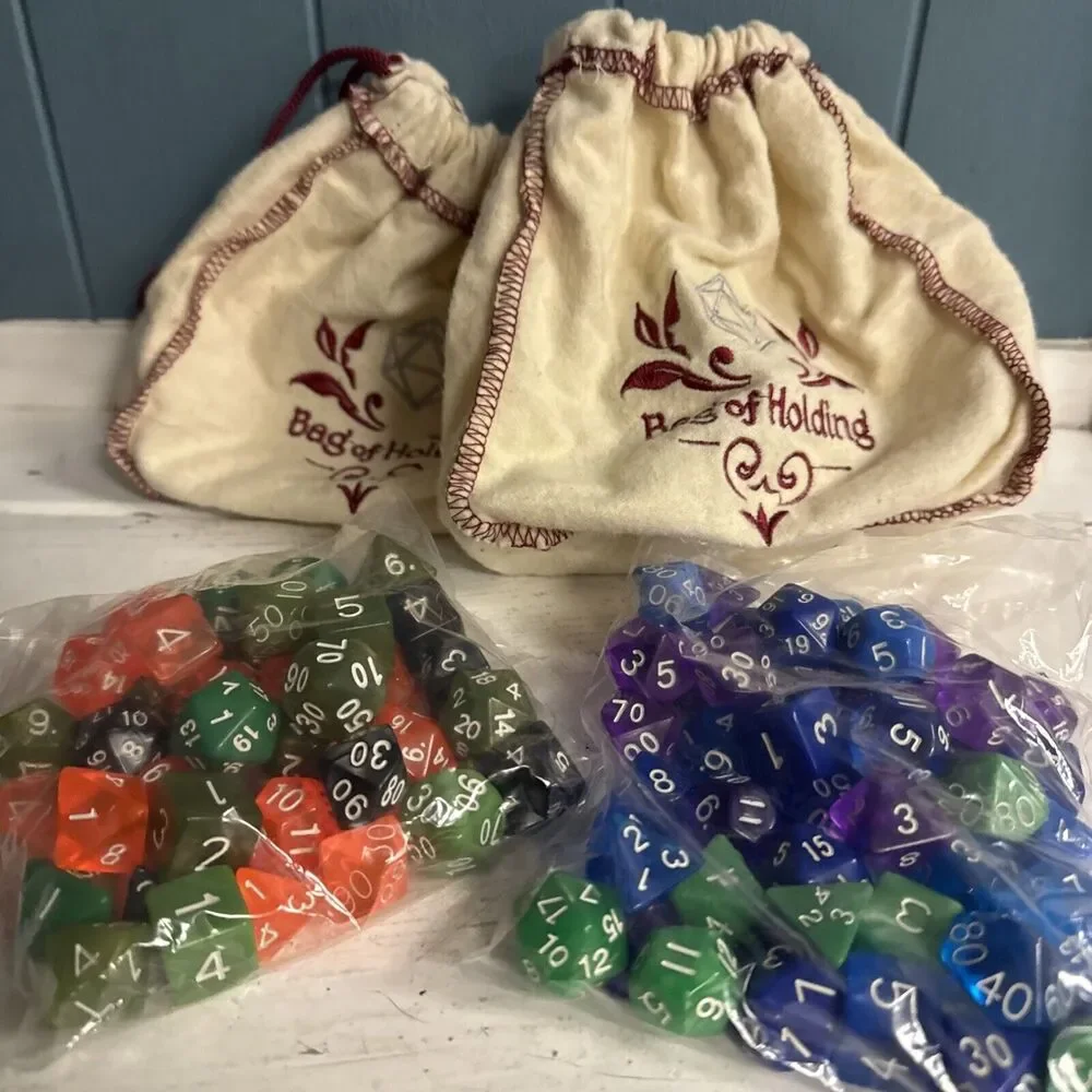 Bags Of Holding Green Blue Orange Purpl Polyhedral Dice Set DnD Dungeons Dragons